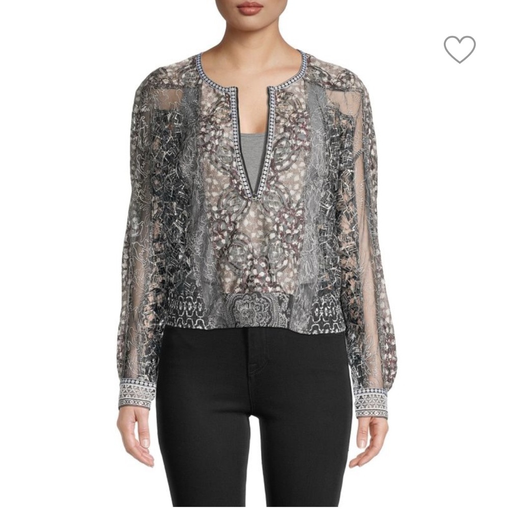 In Earnest NWT. Embellished Sheer Gray and Black Long Sleeve Blouse